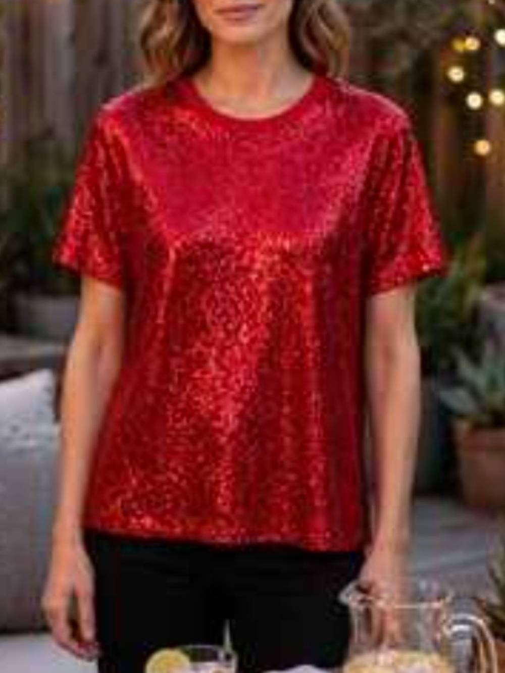 DKNY Red Sequin Short-Sleeve Tee Size Large